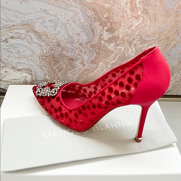 New! Manolo Blahnik Hangisi Red Jewel Buckle Pumps - Picture 8 of 11